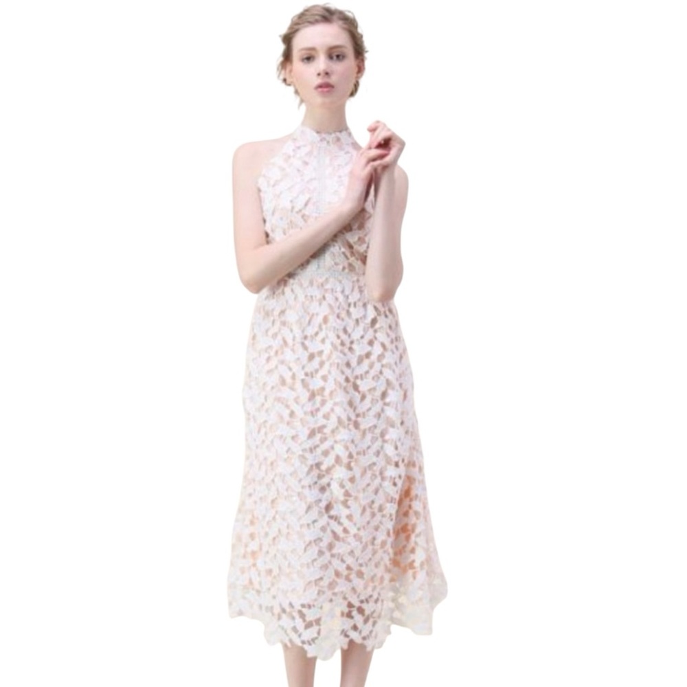 ChicWish Crochet Lace Pink White Leaf Pattern Midi Dress Size Small NWT
